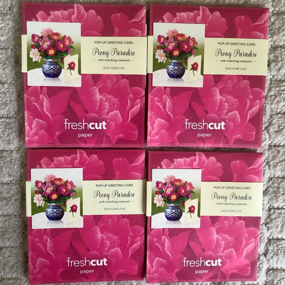 New Peony FreshCut Paper Mini Floral Popup Bouquet w/Note card & Envelope 4-pack